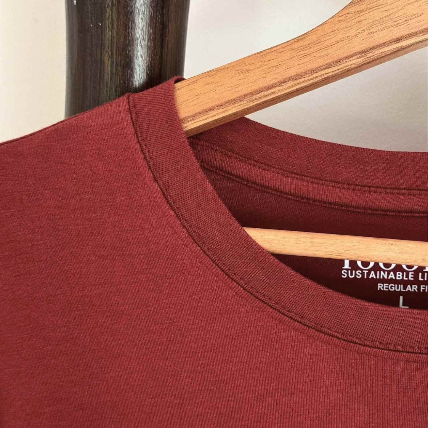 Neck view of Bamboo Cotton Crew Neck Shirt in Rosewood Red - Robumi Lifestyle