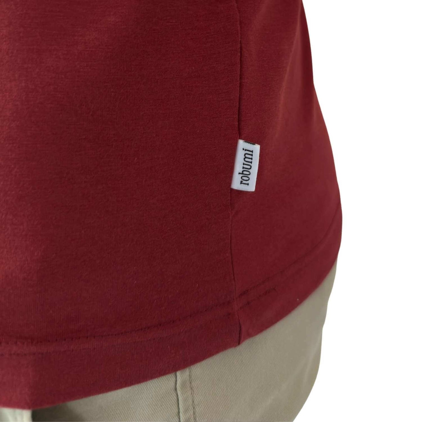 Stitched side label of bamboo cotton shirt in Rosewood Red - Robumi Lifestyle