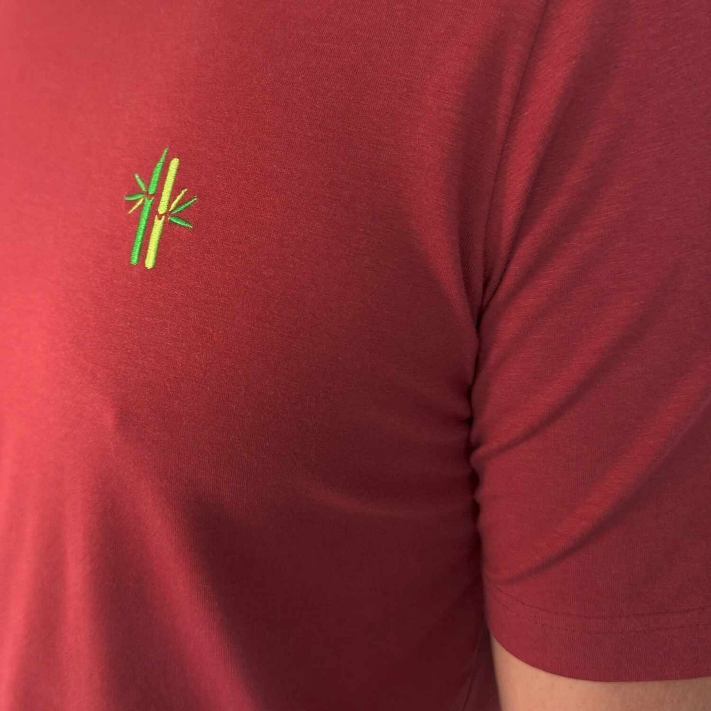 Close up of embroided bamboo logo of Bamboo Cotton shirt in Rosewood Red - Robumi Lifestyle