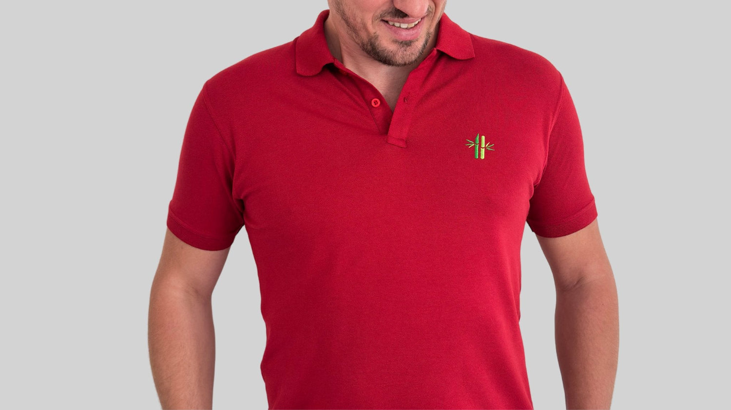 Model wearing rust red bamboo polo - Robumi Lifestyle