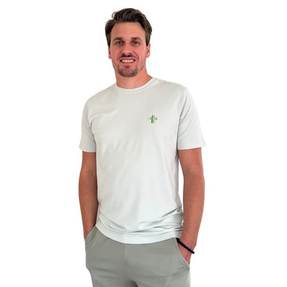 Model wearing Bamboo Cotton Crew Neck Shirt in Oyster Mushroom - Robumi Lifestyle