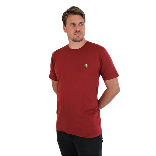 Model wearing regular fit bamboo Cotton crew neck shirt in Rosewood Red - Robumi Lifestyle