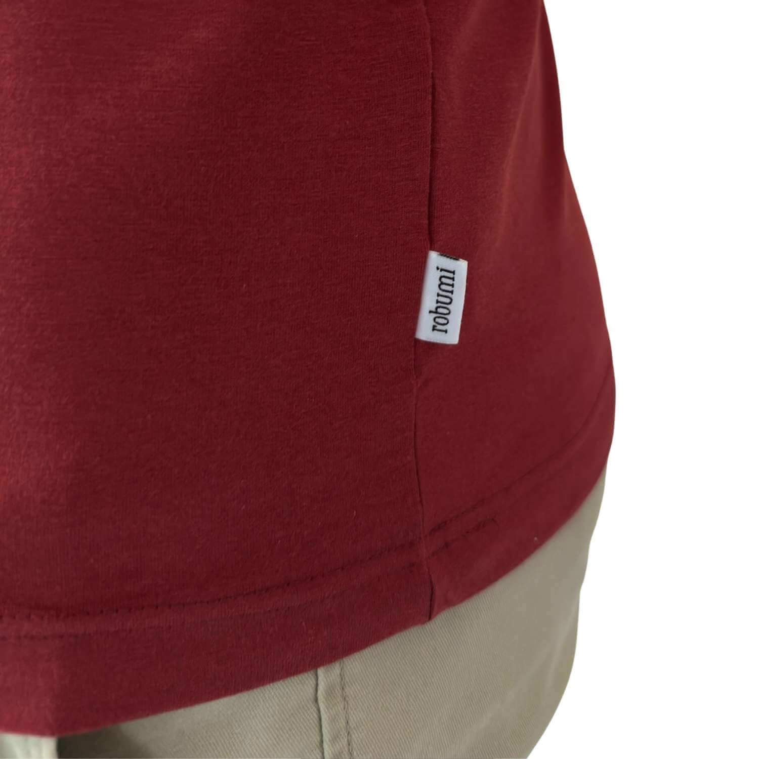 Stitched side label of bamboo cotton shirt in Rosewood Red - Robumi Lifestyle