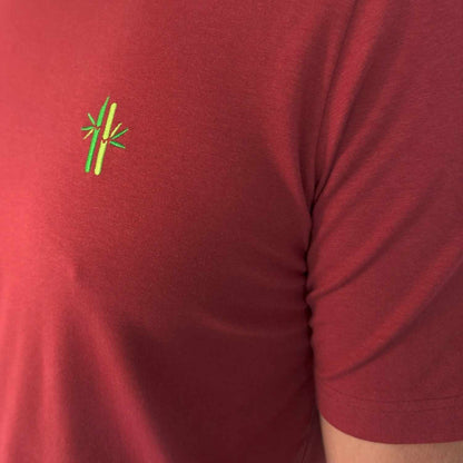 Close up of embroided bamboo logo of Bamboo Cotton shirt in Rosewood Red - Robumi Lifestyle