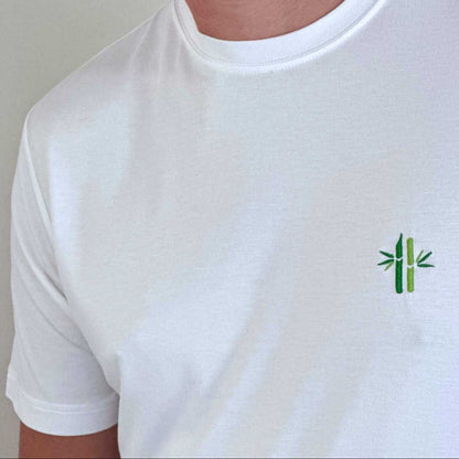 Close up of model wearing Everyday Bamboo crew neck Shirt | Bright White - Robumi Lifestyle