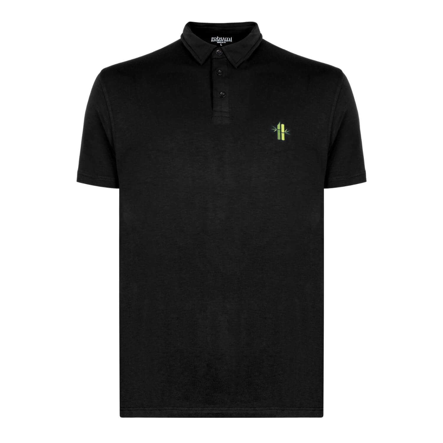 Front of regular fit jersey Athletic Bamboo Polo in black with open collar- Robumi Lifestyle