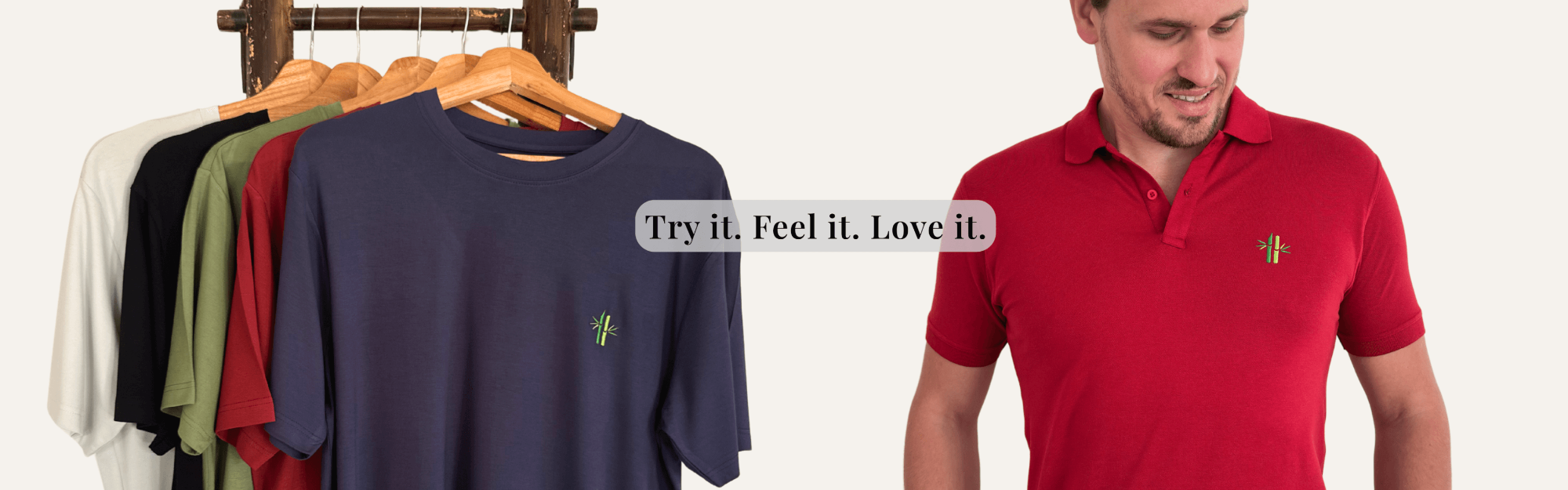 Front banner of Robumi Lifestyle website metioning try it. feel it. love it and showing a model in red polo and bamboo shirts hanging on bamboo