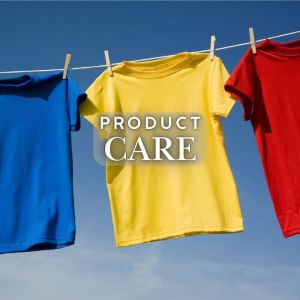 Label mentioning Product Care in front of colourful shirts hanging on a line to dry
