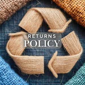 Label mentioning returns policy in front of some woven fabric and woven recycle symbol