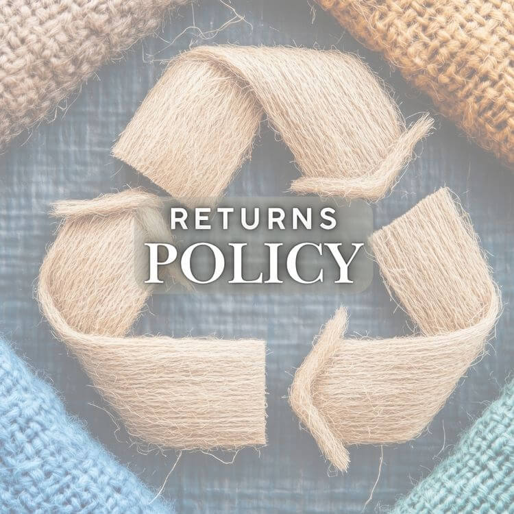 Recycling symbol made of twine with 'Returns Policy' text on a textured background