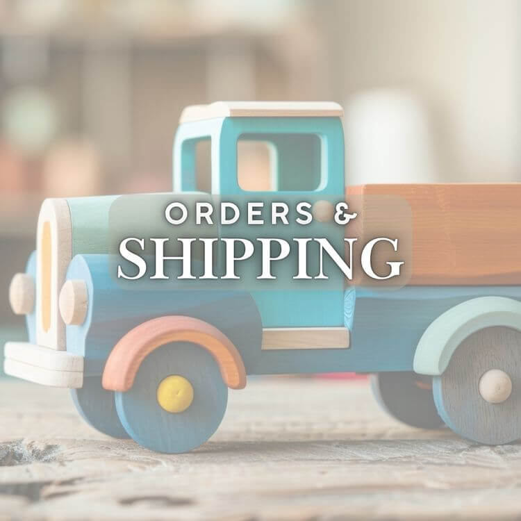 Toy truck with 'Orders & Shipping' text overlay on a blurred background
